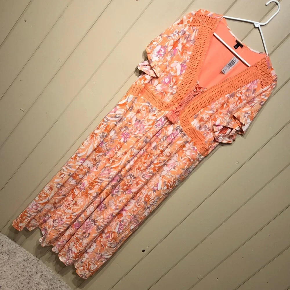 3X low cut lace up coral white floral print maxi dress crochet cut out details - Picture 1 of 14